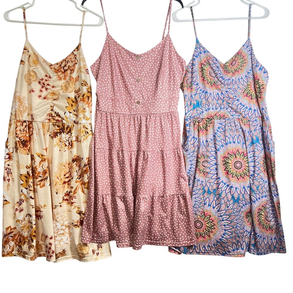 Yathon Floral Polka Dot Boho Print Spaghetti Strap Sundresses Womens Sz XL 3-Pk